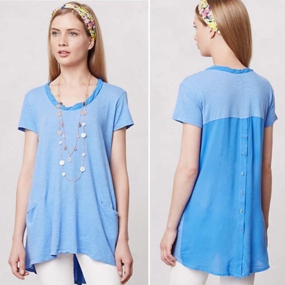 Anthropologie Left of Center Scoop Neck T-Shirt S White Oversized Button Up Back
